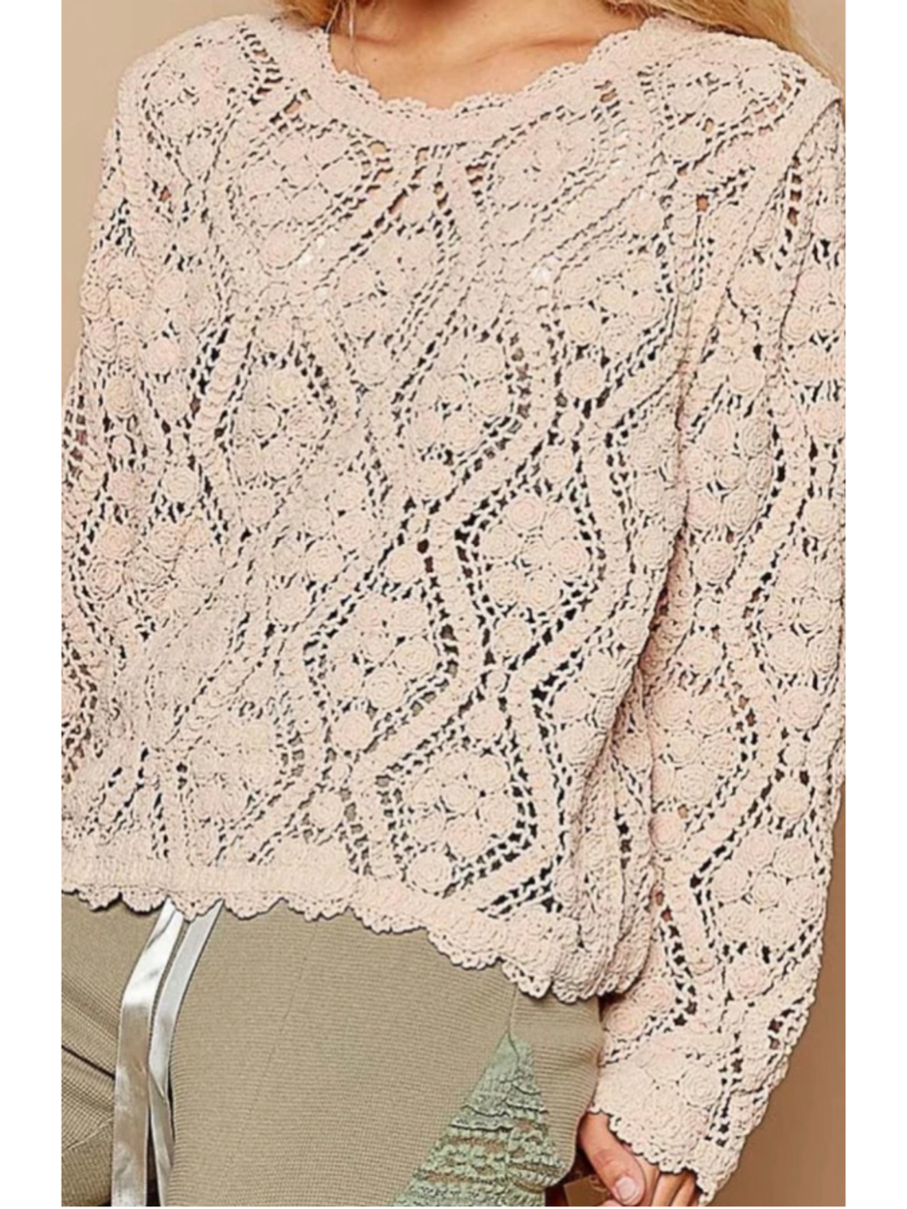 Women's POL Crochet Knit cottagecore Sweater Beige Size S